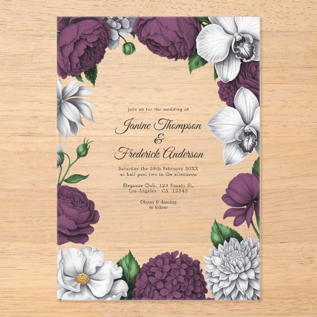 Invitations En Acrylique Plum & Silver Modern Botanical Wedding (Recto)