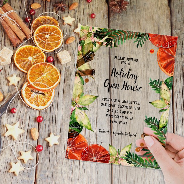 Invitations En Acrylique Poinsettia and Oranges Christmas (Poinsettias, orange slices, cinnamon sticks and greens ACRYLIC Christmas party invitations)