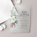 Invitations En Acrylique Poinsettia Blanche Fleur 40ème anniversaire<br><div class="desc">Idéal pour fêter un 40ème anniversaire pendant la période des fêtes de Noël, cet élégant design floral présente un joli poinsettia d'aquarelle blanche avec eucalyptus, baies rouges et saint et un arrière - plan vert sage. Personnalisé avec les détails de votre parti. L'âge peut être personnalisé à tout âge. Pour...</div>
