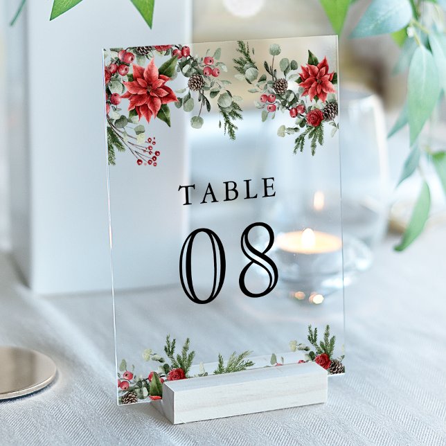 Invitations En Acrylique Poinsettia Christmas Wedding Acrylic Table Number (Créateur téléchargé)