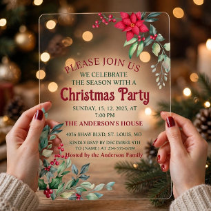 Invitations En Acrylique Poinsettia ÉlégantFeuilles Vertes Baies de Houx R