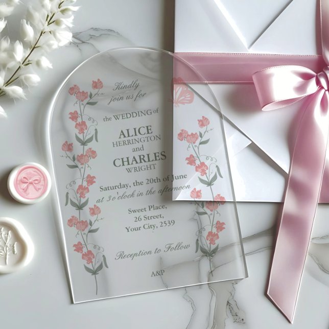 Invitations En Acrylique Pois doux Mariage rose et vert Floral (Créateur téléchargé)