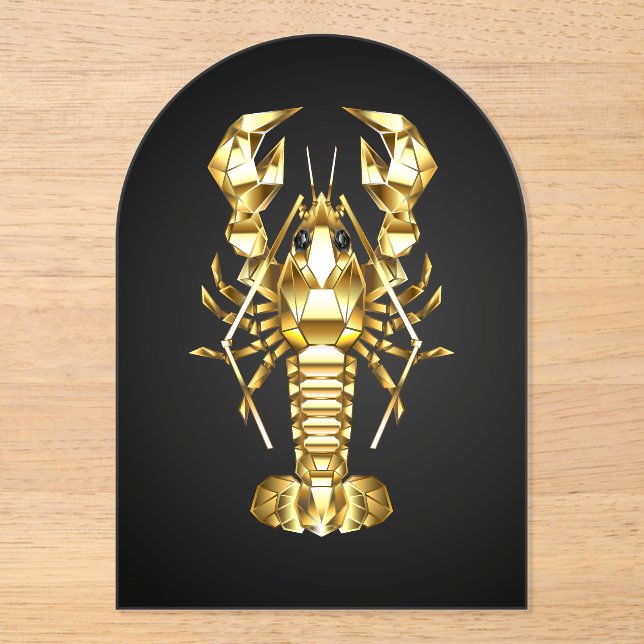Invitations En Acrylique Poisson à langouste polygonale dorée sur noir (Recto)