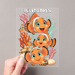 Invitations En Acrylique Poisson clown Dessin animé mignon Famille Sous l'e