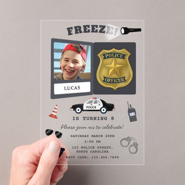 Invitations En Acrylique Police Themed Policeman Cop Badge Photo Birthday (In situ (ordinateur de poche))