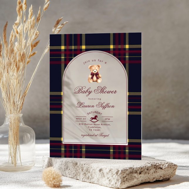 Invitations En Acrylique Polo Teddy Bear Vin Red plaid Arch Baby shower (Créateur téléchargé)