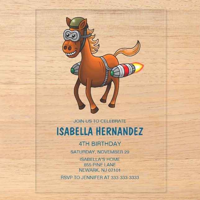 Invitations En Acrylique Poney Fusée Volant (Recto)