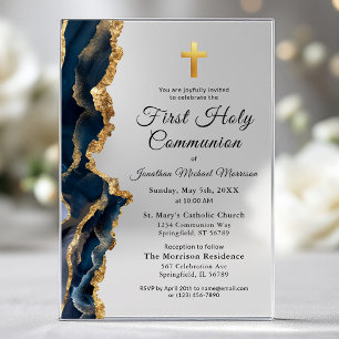 Invitations En Acrylique Porte Bleue Or Première Communion Sacrée Garçon