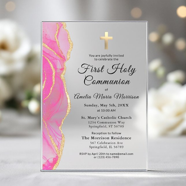 Invitations En Acrylique Porte d'or rose Première Sainte Communion Fille (Créateur téléchargé)