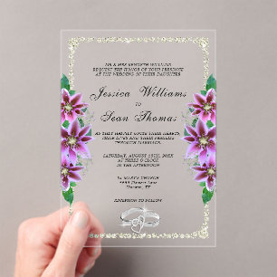 Invitations En Acrylique Posh encadré, Anneaux Diamants & Clematis Mariage