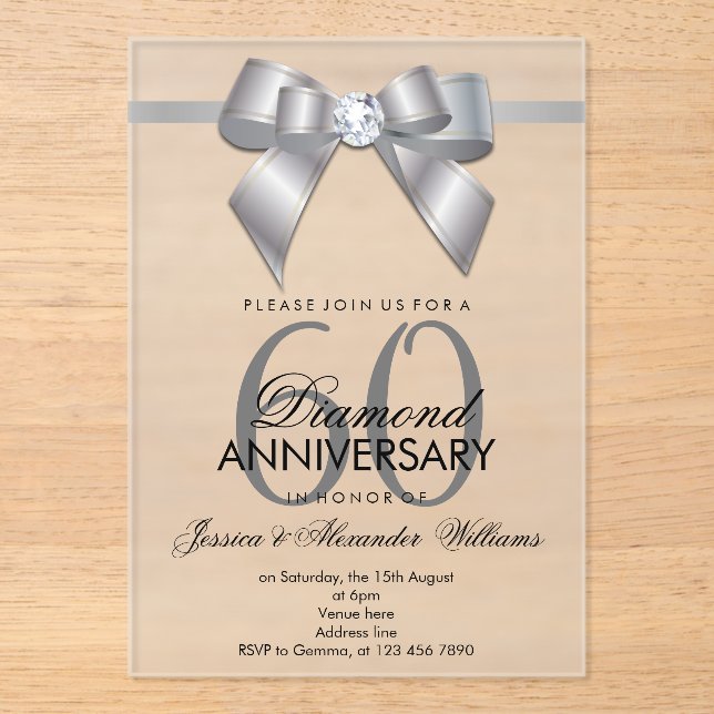Invitations En Acrylique Posh Gem Bow & Ribbon 60e anniversaire de Mariage (Recto)