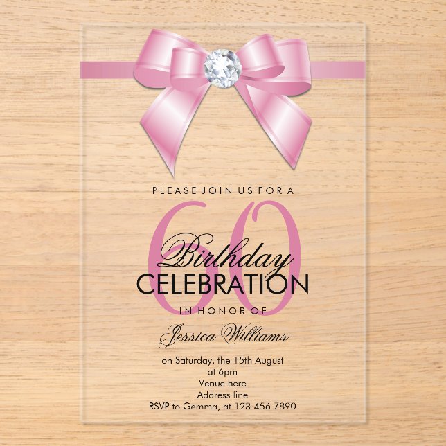 Invitations En Acrylique Posh Gem Bow & Ruban 60e Anniversaire (Recto)