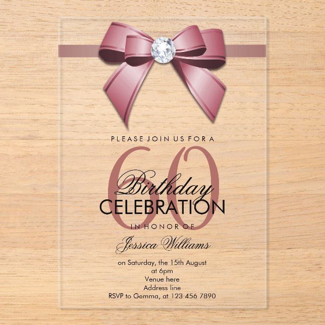 Invitations En Acrylique Posh Gem Bow & Ruban 60e Anniversaire (Recto)