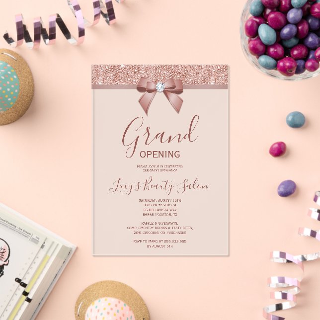 Invitations En Acrylique Posh Rose Gold Jewel Bow Grand Ouverture (Insitu (Célébration))