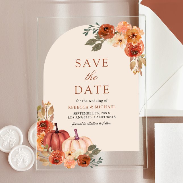 Invitations En Acrylique Potiron Fleur Terracotta Mariage Épargnez la Date (Créateur téléchargé)