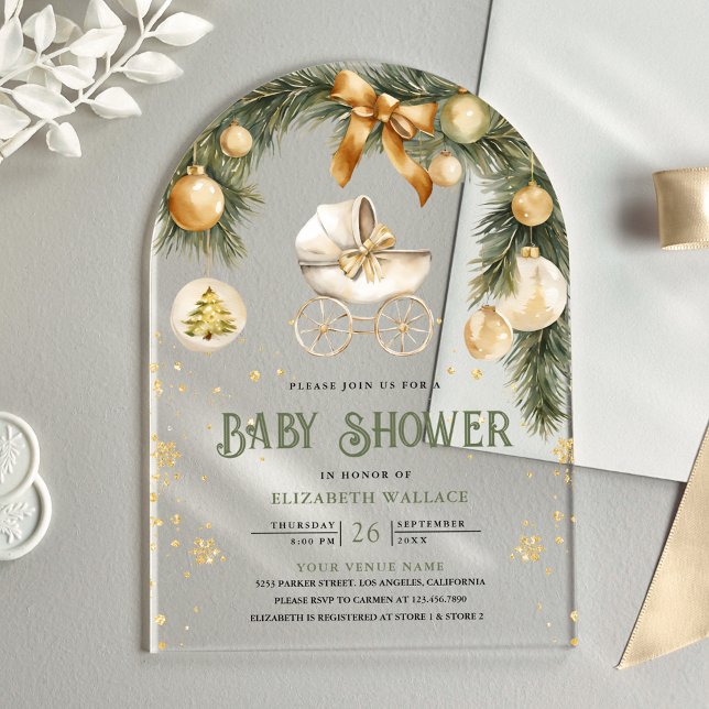 Invitations En Acrylique Poussette Bohème Rustique Noël Bébé Hiver (Créateur téléchargé)
