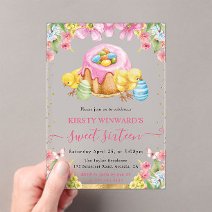 Invitations En Acrylique Poussins de Pâques à l'aquarelle et gâteau Printem