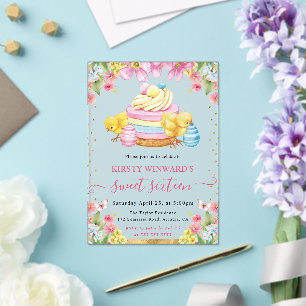 Invitations En Acrylique Poussins de Pâques à l'aquarelle et gâteau Printem