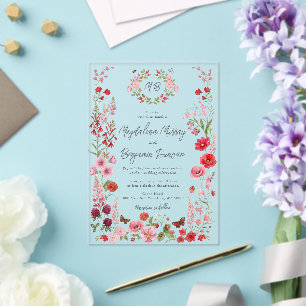 Invitations En Acrylique Prairie de fleurs sauvages roses et rouges Mariage