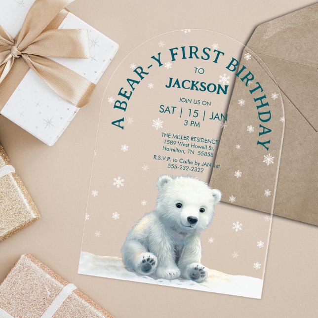 Invitations En Acrylique Premier Anniversaire de Bébé Ours Polaire Clair (Clear Polar Bear Baby First Birthday Acrylic Invitations)
