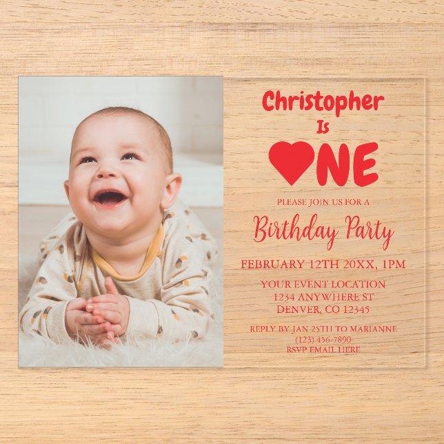 Invitations En Acrylique Premier anniversaire de Heart (Recto)