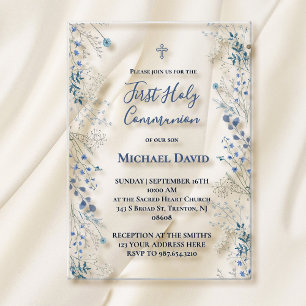 Invitations En Acrylique premier communant garçon aquarelle verdure bleue