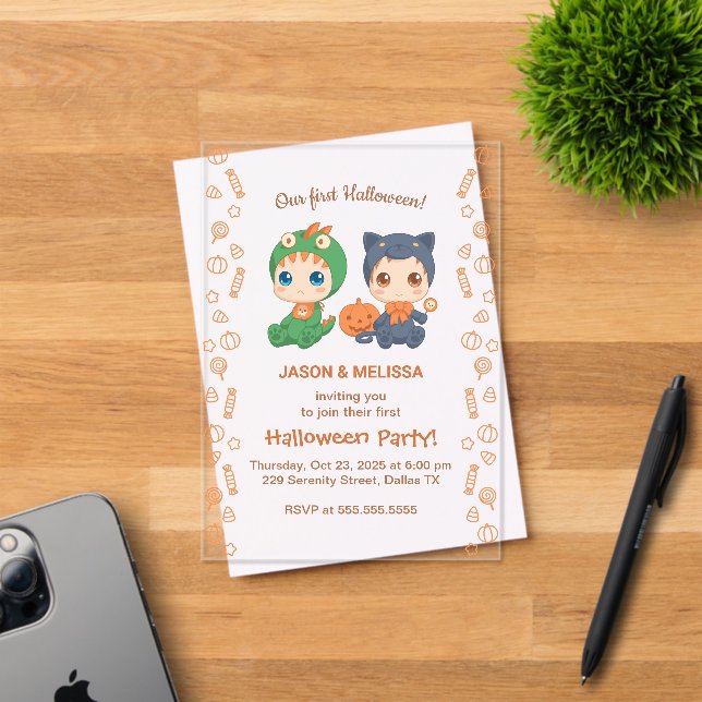 Invitations En Acrylique Premier Halloween Baby Twins Black Cat Dragon Part (Insitu (Carte d'invitation))