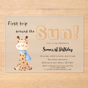 Invitations En Acrylique Premier Tour Autour Du Soleil Girafe 1er Anniversa
