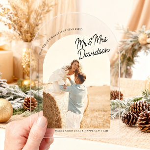 Invitations En Acrylique Première carte de Noël avec photo de mariage sous