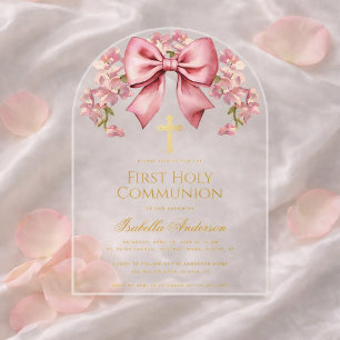 Invitations En Acrylique Première communiante à genoux Fleur rose Élégante