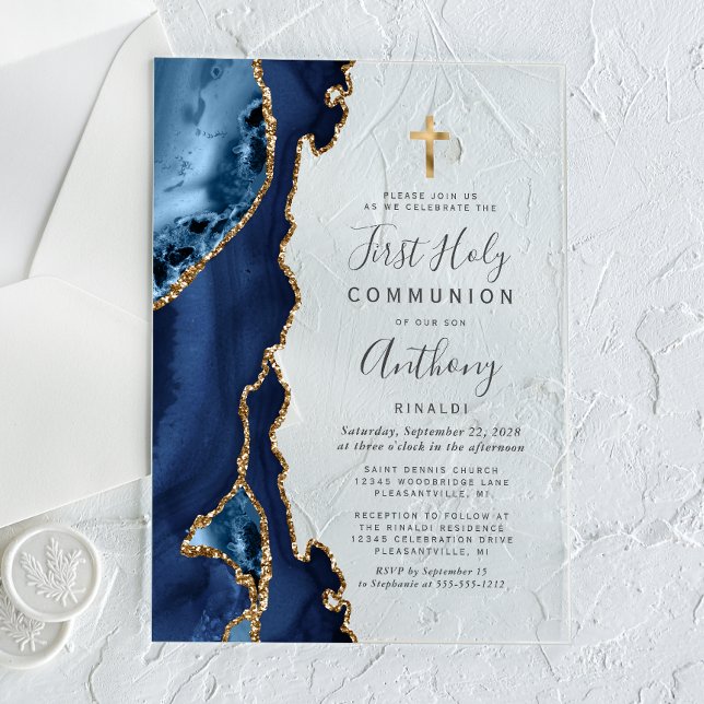 Invitations En Acrylique Première communion Agate Géode Bleu Paillettes Or (Créateur téléchargé)