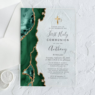 Invitations En Acrylique Première communion Agate Géode Vert Or