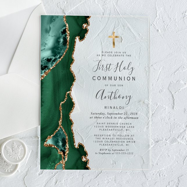 Invitations En Acrylique Première communion Agate Géode Vert Or (Créateur téléchargé)
