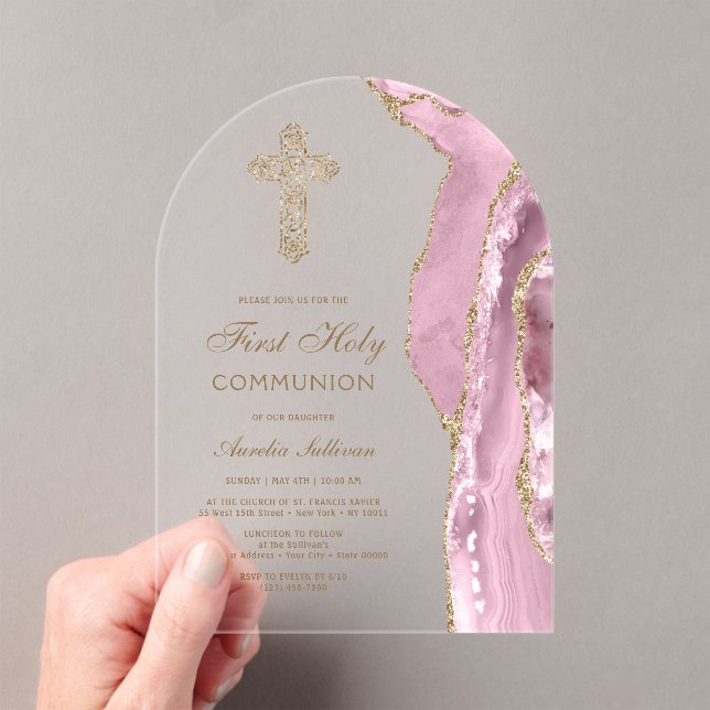 Invitations En Acrylique Première communion Agate rose (In situ (ordinateur de poche))