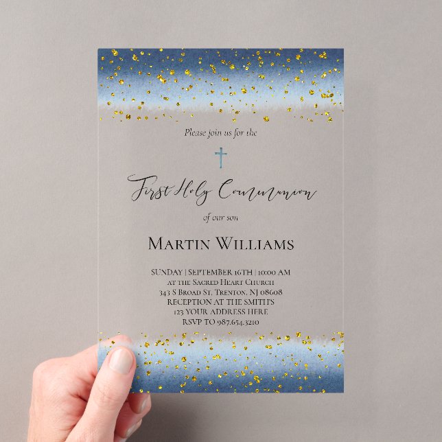 Invitations En Acrylique Première communion aquarelle bleue (In situ (ordinateur de poche))
