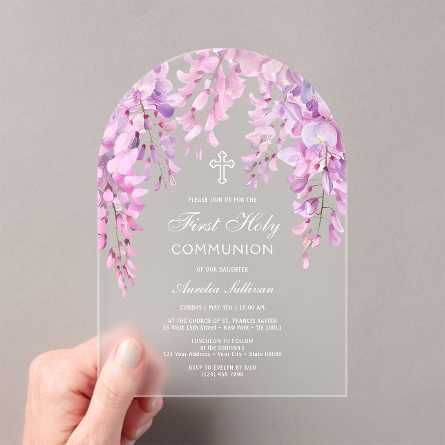 Invitations En Acrylique Première communion au glycine rose (In situ (ordinateur de poche))