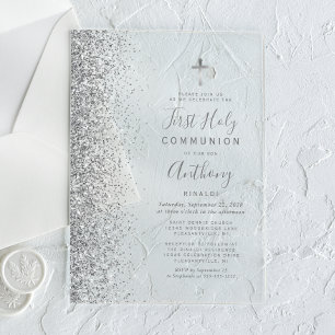 Invitations En Acrylique Première communion avec bordure pailletée argent