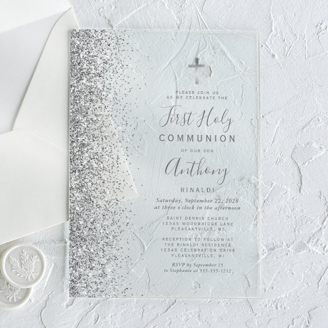 Invitations En Acrylique Première communion avec bordure pailletée argent (Créateur téléchargé)