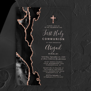 Invitations En Acrylique Première communion Black Rose Gold Agate