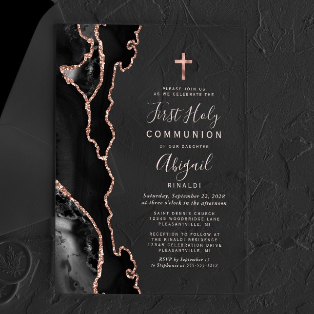 Invitations En Acrylique Première communion Black Rose Gold Agate (Créateur téléchargé)