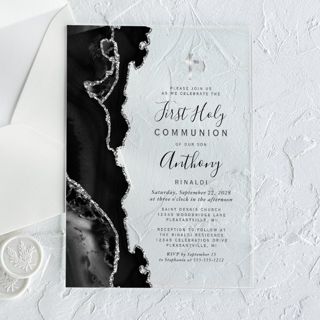 Invitations En Acrylique Première communion Black Silver Agate (Créateur téléchargé)