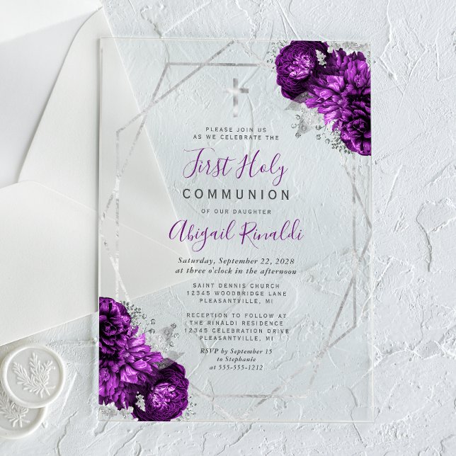 Invitations En Acrylique Première communion cadre argent floral violet (Créateur téléchargé)
