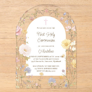 Invitations En Acrylique première communion de fleurs sauvages