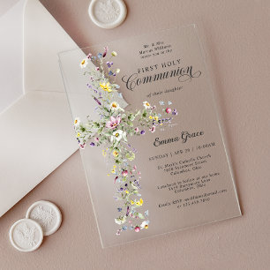 Invitations En Acrylique Première communion de jeune fille Croix florale de