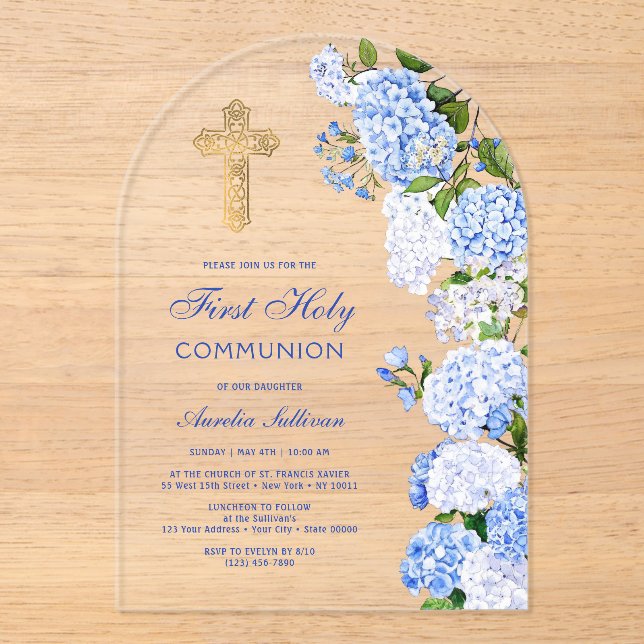 Invitations En Acrylique Première communion de l'arc bleu Hydrangea (Recto)