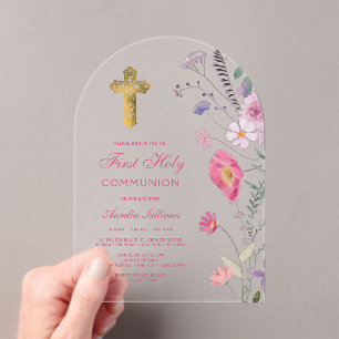 Invitations En Acrylique Première communion de l'arc Fleur sauvage de print
