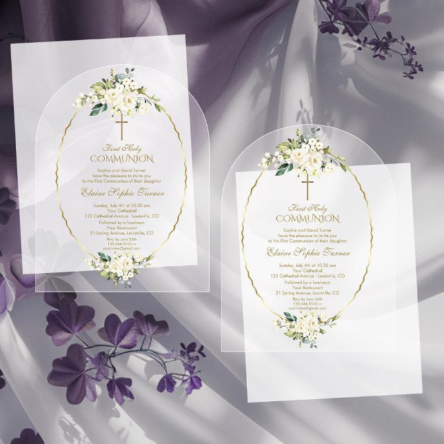 Invitations En Acrylique Première communion de luxe fleurs blanches or (Créateur téléchargé)