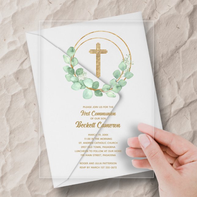 Invitations En Acrylique Première communion élégante Eucalyptus (Elegant eucalyptus and gold cross first holy communion clear acrylic invitations)