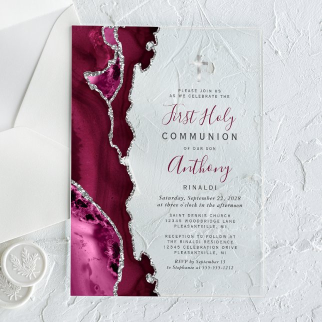 Invitations En Acrylique Première communion en agate argentée de Bourgogne (Créateur téléchargé)