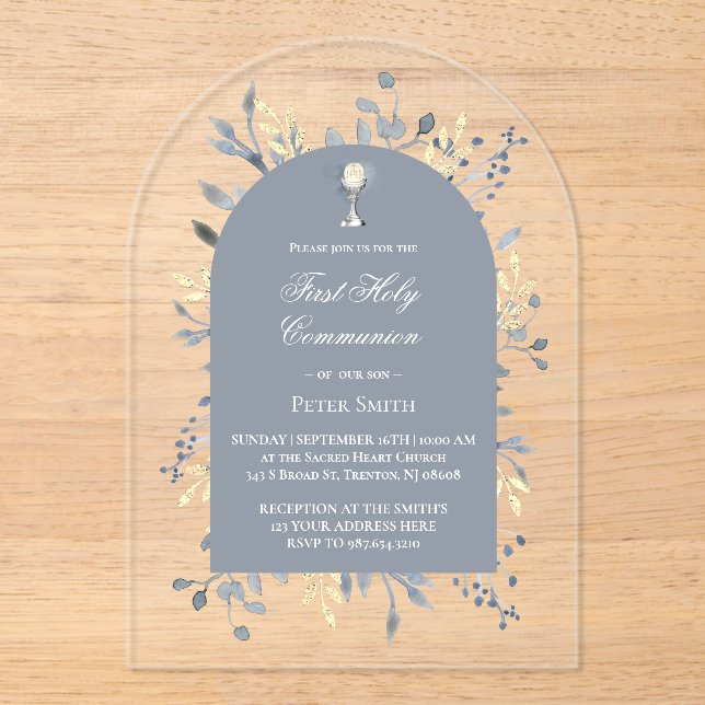Invitations En Acrylique première communion feuillage bleu (Recto)